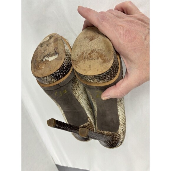 Brian Atwood Florencia Platform Heels Snake Print Brown Tan 8 Open Peep Toe - Picture 7 of 13